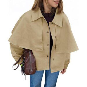 Women Cropped Trench Coat Casual Lapel Single Breasted Cape Sleeve Short Jacket